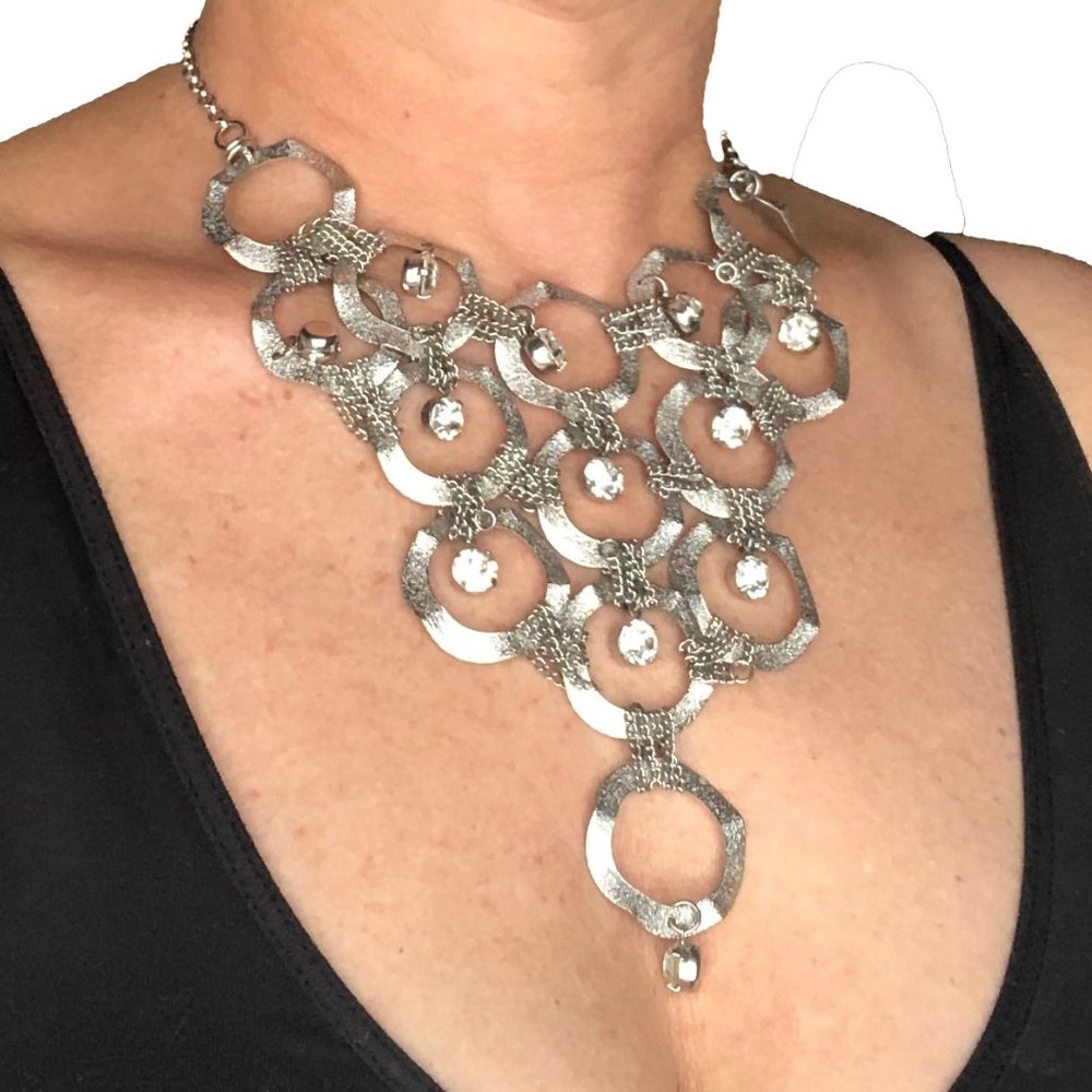 Boho Necklace Silver and Rhinestone Dangle